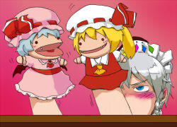 Rule 34 | 1girl, ascot, bat wings, blonde hair, blue eyes, blue hair, blush, bow, braid, collared shirt, covered mouth, fangs, flandre scarlet, grey hair, hand puppet, hat, hat bow, hat ribbon, izayoi sakuya, maid, maid headdress, medium hair, multicolored wings, open mouth, pink background, pink headwear, pink shirt, pink skirt, puppet, ratenbo, red ascot, red bow, red brooch, red ribbon, red skirt, remilia scarlet, ribbon, ribbon-trimmed headwear, ribbon trim, shirt, simple background, single braid, skirt, skirt set, touhou, white headwear, white shirt, wings, yellow ascot