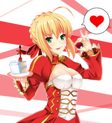 Rule 34 | 10s, 1girl, ahoge, blonde hair, braid, breasts, butter-t, cake, carrying, cleavage, epaulettes, fate/extra, fate/extra ccc, fate (series), food, food on face, fork, fruit, green eyes, hair ribbon, heart, holding, long sleeves, looking at viewer, nero claudius (fate), nero claudius (fate) (all), nero claudius (fate/extra), plate, ribbon, spoken heart, strawberry, tongue, upper body