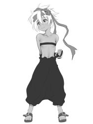 Rule 34 | 1girl, breasts, female focus, fingerless gloves, funnyari, gloves, greyscale, headband, messy hair, monochrome, navel, original, pants, sandals, short hair, small breasts, smile, solo, standing, strapless, toes, tube top