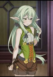 Rule 34 | 10s, 1girl, anime coloring, arm behind back, artist name, blush, corset, cowboy shot, crossed bangs, derivative work, elf, embarrassed, framed breasts, goblin slayer!, green corset, green eyes, green hair, half-closed eyes, hand in own hair, high-waist shorts, high elf archer (goblin slayer!), highres, letterboxed, long hair, mileydragneel, pointy ears, short shorts, shorts, sidelocks, signature, sleeveless, solo, standing, very long hair, wide hips