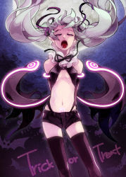 Rule 34 | 1girl, bad id, bad pixiv id, fang, floating hair, full moon, halloween, hatsune miku, highres, moon, navel, neon trim, night, open mouth, short shorts, shorts, solo, tattoo, thighhighs, twintails, vampire, vocaloid, zorim