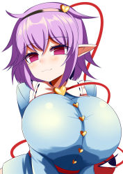 Rule 34 | 1girl, alternate breast size, blouse, blue shirt, breasts, buttons, eyeball, frilled shirt collar, frills, gero zoukin, highres, huge breasts, komeiji satori, long sleeves, pink skirt, pointy ears, purple eyes, purple hair, ribbon-trimmed collar, ribbon trim, shirt, short hair, skirt, solo, third eye, touhou, white background, wide sleeves