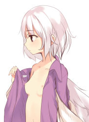 Rule 34 | 1girl, breasts, collarbone, derivative work, highres, ke-ta (style), kishin sagume, looking ahead, navel, nipples, off shoulder, open clothes, open shirt, purple shirt, red eyes, shirt, short hair, simple background, single wing, small breasts, solo, touhou, white background, white hair, wings, yang (yang535815521)