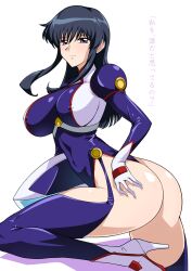 Rule 34 | 1girl, ass, black eyes, black hair, blue eyes, blue leotard, breasts, covered erect nipples, fujimura shizuru, halcon, highleg, highleg leotard, highres, impossible clothes, large breasts, leaning forward, leg up, leotard, long hair, looking at viewer, looking back, parted lips, shinkon gattai godannar!!, simple background, smile, solo, thighhighs, translation request, white background