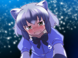 Rule 34 | 10s, animal ears, black bow, black eyes, black hair, blush, bow, bowtie, commentary request, common raccoon (kemono friends), crying, dairi, gradient hair, half-closed eyes, kemono friends, multicolored hair, open mouth, puffy short sleeves, puffy sleeves, raccoon ears, short hair, short sleeves, solo, teardrop, tears, two-tone hair, upper body, white hair