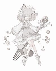 Rule 34 | 1girl, animal ears, apron, blue eyes, cat ears, cat girl, cat tail, closed mouth, cupcake, dress, eyepatch, flower, food, fork, frilled apron, frilled dress, frilled sleeves, frills, gloves, grey apron, grey hair, hair ornament, hairclip, highres, holding, holding fork, koirariko, long sleeves, maid headdress, medical eyepatch, medium hair, original, oversized object, puffy long sleeves, puffy sleeves, scone, shoes, simple background, socks, solo, sparkle, tail, two side up, white apron, white background, white footwear, white gloves, white socks, x hair ornament
