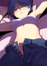Rule 34 | 00s, 1girl, armpits, arms up, bandeau, bare shoulders, blue eyes, blue hair, blush, breasts, clenched teeth, cowboy shot, denim, flat chest, foreshortening, from below, groin, half-closed eyes, half tank, idolmaster, idolmaster (classic), jeans, kikuchi makoto, looking at viewer, lying, matching hair/eyes, matsubara aoi, navel, no panties, no shirt, nose blush, on back, one eye closed, open fly, pants, sakaki imasato, shade, short hair, small breasts, solo, sports bra, strapless, teeth, to heart, to heart (series), tomboy, tube top, unbuttoned, unzipped, wince, window shadow