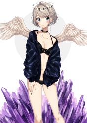 Rule 34 | 1girl, absurdres, ahoge, angel wings, bare legs, bare shoulders, bikini, black bikini, black nails, black neckwear, blue eyes, blue jacket, breasts, cleavage, collarbone, contrapposto, crystal, earrings, feathered wings, halo, hand in pocket, highres, jacket, jewelry, long sleeves, looking at viewer, medium breasts, nail polish, off shoulder, open clothes, open jacket, original, short hair, silver hair, simple background, single earring, solo, standing, star (symbol), swept bangs, swimsuit, umeno (shio1205), unzipped, white background, white wings, wings, zipper