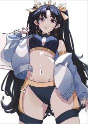 Rule 34 | 1girl, baihuenyexing, bare shoulders, bikini, black bikini, black hair, breasts, earrings, fate/grand order, fate (series), ishtar (fate), jacket, jewelry, long hair, looking at viewer, nail polish, navel, off shoulder, parted lips, red eyes, simple background, sleeves past wrists, solo, swimsuit, two side up, very long hair, white background, yellow nails