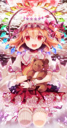 Rule 34 | 1girl, ascot, backlighting, bad id, bad pixiv id, bear, blonde hair, blush, choker, crystal, dress, flandre scarlet, full moon, hat, hat ribbon, hugging doll, hugging object, kneeling, leg ribbon, looking at viewer, mob cap, moon, open mouth, petticoat, puffy sleeves, rainbow gradient, rainbow order, red dress, red eyes, red moon, ribbon, ribbon choker, shirt, short hair, short sleeves, side ponytail, single thighhigh, sitting, skirt, smile, solo, star (symbol), striped clothes, striped thighhighs, stuffed animal, stuffed toy, teddy bear, thigh ribbon, thighhighs, touhou, vertical-striped clothes, vertical-striped thighhighs, vest, wariza, wings, wrist cuffs, yasiromann