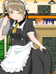 Rule 34 | 1girl, apron, artist name, artist request, back bow, black dress, black ribbon, black skirt, blunt bangs, blush, bow, breasts, brown eyes, brown hair, brown necktie, collared dress, collared shirt, dress, female focus, gotumori0141, grey hair, hair ribbon, hair rings, holding, holding clothes, holding plate, holding skirt, indoors, kosaka honoka, light brown hair, long hair, looking at viewer, love live!, love live! school idol festival, love live! school idol project, maid, maid apron, maid cap, maid headdress, minami kotori, miniskirt, necktie, parted lips, plaid, plaid dress, plaid skirt, plate, pleated, pleated dress, pleated skirt, ponytail, puffy short sleeves, puffy sleeves, restaurant, ribbon, shirt, short necktie, short sleeves, side ponytail, skirt, smile, solo, sonoda umi, striped clothes, striped dress, vertical-striped clothes, vertical-striped dress, waist apron, white apron, white bow, wing collar, yellow eyes, yellow necktie