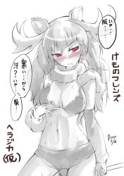 Rule 34 | ..., 1girl, animal ears, antlers, arm at side, bikini, bikini shorts, bikini top only, blush, breasts, character name, chiki yuuko, commentary request, copyright name, cowboy shot, dated, detached sleeves, extra ears, fur scarf, hair between eyes, half-closed eyes, hand up, head tilt, horns, kemono friends, long hair, looking to the side, medium breasts, mismatched bikini, moose (kemono friends), moose ears, moose tail, navel, nose blush, open mouth, red eyes, scarf, shorts, sketch, solo, spot color, stomach, swimsuit, tail, translation request, wet