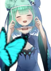 Rule 34 | 1girl, blue dress, blush, bug, butterfly, closed eyes, crying, dotonburi, double bun, drawing (object), dress, flat chest, hair bun, hair ornament, hairpin, highres, holding drawing, hololive, insect, meme, open mouth, ribbon, simple background, skull hair ornament, solo, teeth, uruha rushia, uruha rushia (1st costume), virtual youtuber, white background, wide sleeves