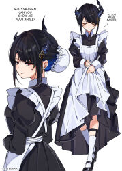Rule 34 | absurdres, alternate costume, apron, asymmetrical horns, black hair, blue hair, breasts, colored inner hair, demon horns, enmaided, frilled apron, frills, hair ornament, highres, hololive, hololive english, horns, keisea, large breasts, long hair, looking at viewer, maid, maid apron, mole, mole under eye, multicolored hair, nerissa ravencroft, red eyes, two-tone hair, uneven horns, virtual youtuber, white apron