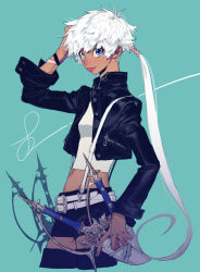 Rule 34 | 1girl, :p, belt, black jacket, blue eyes, breasts, cowboy shot, cropped jacket, dark-skinned female, dark skin, highres, jacket, leather, leather jacket, long hair, long sleeves, looking at viewer, midriff, multicolored eyes, multiple swords, multiple weapons, navel, open clothes, open jacket, original, pigeon666, ponytail, sheath, sheathed, short hair, shorts, small breasts, solo, suspenders, sword, tank top, tongue, tongue out, upper body, weapon, white hair, yellow eyes