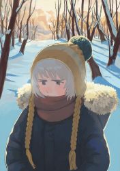 Rule 34 | 1boy, absurdres, bare tree, black coat, black hair, brown scarf, closed mouth, coat, commentary request, crying, crying with eyes open, day, evening, highres, long sleeves, male focus, orange sky, original, outdoors, platinum blonde hair, scarf, sky, snow, solo, standing, sunlight, tears, tree, turquoise iro, winter clothes