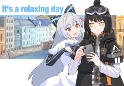 Rule 34 | 2girls, black hair, canal, caws (girls&#039; frontline), cellphone, creator connection, english text, girls&#039; frontline, gloves, goggles, goggles on head, hair ribbon, half gloves, highres, long sleeves, multiple girls, phone, red eyes, ribbon, silver hair, smartphone, smile, tokarev (girls&#039; frontline), town, yellow eyes, zukzuk13