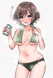 1girl :o after_bathing blush breasts brown_hair can collarbone gakuen_idolmaster gluteal_fold green_panties groin highres holding holding_can holding_towel idolmaster looking_ahead mariabowl medium_breasts navel neo_asari panties purple_eyes short_hair simple_background solo steaming_body stomach sweat thighhighs topless towel towel_around_neck underwear underwear_only