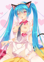 Rule 34 | 1girl, animal ears, apron, aqua hair, bandaid, bandaids on nipples, blush, breasts, cat ears, cat tail, collar, hatsune miku, heart, heart-shaped pupils, highres, long hair, mvv, necktie, open mouth, pasties, red eyes, sitting, solo, symbol-shaped pupils, tail, thighhighs, twintails, very long hair, vocaloid