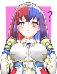 Rule 34 | 1girl, ?, alear (female) (fire emblem), alear (fire emblem), arms up, artist request, blue eyes, blue hair, blush, breasts, embarrassed, fire emblem, fire emblem engage, heterochromia, highres, large breasts, long hair, looking at breasts, looking down, multicolored hair, nintendo, parted lips, red eyes, red hair, solo, sweatdrop, tiara