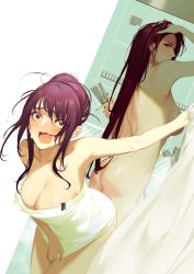 Rule 34 | 2girls, ass, back, bad id, bad pixiv id, bare shoulders, blush, breasts, cleavage, collarbone, curtains, fate/grand order, fate (series), large breasts, leaning forward, long hair, looking at viewer, multiple girls, naked towel, nude, open mouth, purple hair, red eyes, reroi, scathach (fate), scathach skadi (fate), shower head, showering, steam, thighs, towel, wavy mouth, wet, white towel