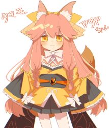Rule 34 | 1girl, :3, animal ears, blush, bow, bowtie, braid, commentary, fate/samurai remnant, fate (series), fox, fox ears, fox girl, fox tail, hair bow, highres, japanese clothes, kimono, light smile, long hair, looking at viewer, pink hair, simple background, sleeves past fingers, sleeves past wrists, tail, tamamo (fate), tamamo aria (fate), translated, twin braids, very long hair, very long sleeves, white background, white bow, white bowtie, yaruco (freedumco), yellow bow, yellow eyes, yellow kimono