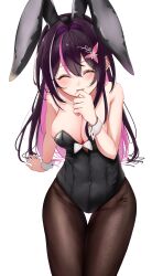 1girl absurdres animal_ears azki_(hololive) bare_shoulders black_leotard black_thighhighs blush breasts cleavage closed_eyes colored_inner_hair double-parted_bangs hair_intakes hand_on_own_chin highres hololive kamisaka_shyou leotard long_hair medium_breasts multicolored_hair pink_hair playboy_bunny rabbit_ears ribbon simple_background sitting smile solo streaked_hair thighhighs virtual_youtuber white_background white_ribbon wrist_cuffs