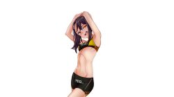 1girl :d absurdres armpits arms_behind_head arms_up ataruman bad_tag bike_shorts black_hair blush breasts commentary fang gesugao groin hair_ornament hairclip highres ijiranaide_nagatoro-san long_hair looking_at_viewer midriff nagatoro_hayase navel non-web_source one-piece_tan open_mouth orange_eyes photoshop_(medium) presenting_armpit skin_fang small_breasts smile solo sports_bra stomach sweat swimsuit tan tanline third-party_edit transparent_background uneven_eyes