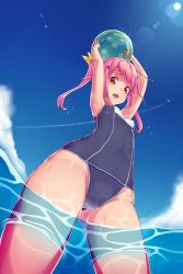 Rule 34 | 1girl, armpits, arms up, ball, beachball, bird, caustics, cloud, contrail, day, dev (dev0614), dutch angle, fisheye, foreshortening, from below, hair ornament, hairclip, highres, lens flare, long hair, navel, ocean, old school swimsuit, one-piece swimsuit, open mouth, original, pink hair, red eyes, school swimsuit, sky, solo, sun, swimsuit, sword girls, twintails, wading, water, wet