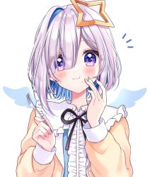 Rule 34 | 1girl, absurdres, amane kanata, asymmetrical bangs, asymmetrical hair, blue hair, blush, bob cut, center frills, chewing, colored inner hair, eating, fingernails, food, food on face, fork, frilled shirt collar, frills, hair over one eye, halo, highres, holding, holding fork, hololive, jacket, kuzumochi, long bangs, long sleeves, looking at viewer, multicolored hair, notice lines, purple eyes, short hair, silver hair, single hair intake, solo, star halo, upper body, virtual youtuber, yellow jacket
