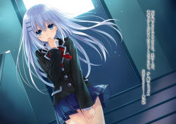 Rule 34 | 10s, 1girl, blue eyes, blue skirt, date a live, hair ornament, highres, indoors, looking at viewer, novel illustration, official art, pleated skirt, school uniform, serafuku, silver hair, skirt, spoilers, stairs, tobiichi origami, translation request, tsunako