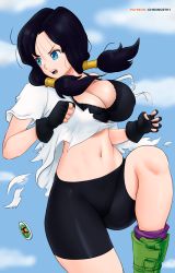 1girl angry black_hair blue_eyes blue_sky boots bra breasts cleavage dragonball_z flying gloves gummslime highres large_breasts navel open_mouth shirt shorts sky solo thighs tomboy torn_clothes torn_shirt twintails underwear videl wardrobe_malfunction