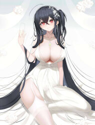 Rule 34 | +7 (vin), 1girl, alcohol, azur lane, black hair, breasts, champagne, cleavage, closed mouth, collarbone, dress, earrings, flower, hair between eyes, hair ornament, highres, jewelry, large breasts, long hair, looking at viewer, necklace, official alternate costume, red eyes, rose, sitting, smile, solo, taihou (azur lane), taihou (temptation on the sea breeze) (azur lane), white dress, white flower, white rose