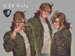 Rule 34 | 1boy, ahoge, armored core, bandaid, bandaid on cheek, bandaid on face, beard stubble, blush, brown hair, commentary, elden things, english commentary, facial hair, green eyes, hair between eyes, jacket, low ponytail, male focus, multiple views, open clothes, open jacket, profile, scar, scar on face, scar on nose, smile, stubble, upper body, v.iv rusty, wiping nose