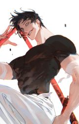 Rule 34 | 1boy, bandaged arm, bandages, black hair, black shirt, blue eyes, commentary request, floating hair, fushiguro touji, highres, holding, holding weapon, jujutsu kaisen, looking at viewer, male focus, mature male, muscular, muscular male, pants, pectorals, sally chang, scar, scar on face, shirt, short hair, short sleeves, smirk, solo, three section staff, weapon, white background, white pants