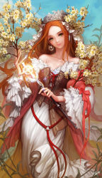 Rule 34 | 1girl, artist name, bad id, bad pixiv id, bare shoulders, bow, branch, brown hair, cherry blossoms, collarbone, corset, cross, crown, crucifix, danhu, dress, earrings, eyelashes, flower, frilled sleeves, frills, glowing, green eyes, hair ornament, head tilt, highres, jewelry, leaf, light smile, lips, long dress, long hair, looking at viewer, makeup, mascara, no bra, off shoulder, orange hair, original, pink lips, red ribbon, ribbon, shawl, signature, smile, solo, sparkle, veil, very long hair, wand, white dress, wide sleeves