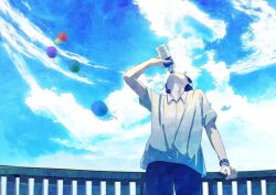 Rule 34 | 1boy, against railing, arm support, balloon, black hair, black pants, blue sky, bottle, cloud, cloudy sky, collared shirt, day, drinking, facing up, floating, highres, holding, holding bottle, kumagaya nono, male focus, original, outdoors, pants, railing, school uniform, shirt, short hair, short sleeves, sky, sleeves rolled up, solo, water bottle, white shirt, wristband