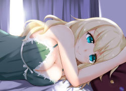 Rule 34 | 10s, 1girl, alternate costume, atago (kancolle), babydoll, blonde hair, blue eyes, breasts, closed mouth, commentary, eyebrows, indoors, kantai collection, large breasts, lens flare, long hair, looking at viewer, lying, morning, on bed, on side, pan-pa-ka-paaan!, pillow, rocha (aloha ro cha), shade, smile, solo, upper body