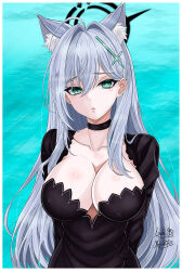 Rule 34 | 1girl, 2023, absurdres, ahoge, animal ear fluff, animal ears, aqua background, arms behind back, black choker, black dress, black halo, blue archive, border, breasts, choker, cleavage, cleavage cutout, clothing cutout, collarbone, commentary, curvy, dated, dress, eyelashes, green eyes, grey hair, hair behind ear, hair between eyes, hair intakes, halo, highres, large breasts, light blush, long hair, long sleeves, looking at viewer, mismatched pupils, open mouth, raised eyebrows, shiroko (blue archive), shiroko terror (blue archive), sidelocks, signature, simple background, solo, straight hair, taichi993, tsurime, upper body, very long hair, white border, wolf ears
