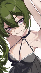 Rule 34 | 1girl, absurdres, bare shoulders, black dress, breasts, collarbone, dress, feimao (fmfeimao), green hair, highres, large breasts, leaning forward, long hair, looking at viewer, pov, purple eyes, side ponytail, simple background, smile, solo, sousou no frieren, ubel (sousou no frieren), white background
