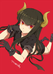 Rule 34 | 1girl, bad id, bad pixiv id, gloves, harano, horns, long hair, looking at viewer, lying, on stomach, red background, simple background, solo