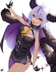 Rule 34 | absurdres, ahoge, ascot, asymmetrical legwear, braid, braided bangs, breasts, cleavage, cleavage cutout, clothing cutout, collar, cowboy shot, cross-laced slit, demon girl, dress, dutch angle, furrowed brow, gloves, hair between eyes, halo, highres, holding halo, hololive, horns, jacket, jacket on shoulders, kisaragi tsurugi, la+ darknesss, light purple hair, long hair, looking at viewer, metal collar, multicolored hair, necktie, open mouth, outstretched arm, purple thighhighs, short dress, simple background, single leg pantyhose, small breasts, streaked hair, striped horns, thighhighs, tight clothes, tight dress, virtual youtuber, white background, yellow ascot, yellow eyes