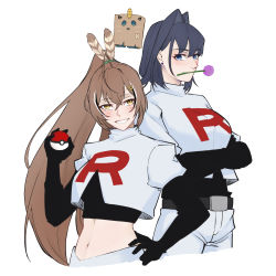 Rule 34 | 2girls, absurdres, ahoge, allium (flower), bag, blue eyes, blue hair, breasts, brown eyes, brown hair, cosplay, creatures (company), crossdressing, crossed arms, feather hair ornament, feathers, flower, flower in mouth, friend (nanashi mumei), game freak, gen 1 pokemon, hair intakes, hair ornament, hand on own hip, highres, holding, holding poke ball, holocouncil, hololive, hololive english, james (pokemon), james (pokemon) (cosplay), jessie (pokemon), jessie (pokemon) (cosplay), jjtri, large breasts, meowth, meowth (cosplay), mouth hold, multicolored hair, multiple girls, nanashi mumei, nintendo, ouro kronii, paper bag, pink flower, poke ball, pokemon, pokemon (anime), ponytail, red flower, short hair, simple background, smile, streaked hair, team rocket, team rocket uniform, teeth, upper body, virtual youtuber, white background, white hair, yellow eyes