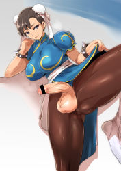 Rule 34 | 1girl, bad id, bad tumblr id, bar censor, blue eyes, bracelet, breasts, brown hair, bun cover, capcom, censored, china dress, chinese clothes, chun-li, clothes lift, double bun, dress, dress lift, eyeshadow, foreskin, full-package futanari, futanari, hair bun, highres, huge testicles, jewelry, large breasts, lying, makeup, newhalf, on side, pantyhose, pelvic curtain, penis, phimosis, pinky out, precum, precum string, sash, solo, spiked bracelet, spikes, street fighter, testicles, thick thighs, thighs, ubanis