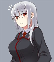Rule 34 | 1girl, ^^^, breasts, female focus, glasses, heidimarie w. schnaufer, large breasts, long hair, looking at viewer, momiji7728, necktie, red eyes, silver hair, simple background, solo, strike witches, surprised, world witches series