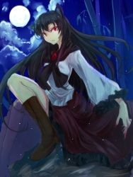 Rule 34 | 1girl, animal ears, bamboo, bamboo forest, boots, breasts, brown hair, dress, fingernails, forest, full moon, glowing, glowing eyes, imaizumi kagerou, jewelry, legs, long fingernails, long hair, long sleeves, looking at viewer, moon, nature, night, red eyes, redscythe, solo, touhou, wolf ears