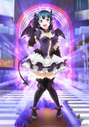 Rule 34 | 1girl, 2017, :d, absurdres, black gloves, black thighhighs, black wings, blue hair, bow, demon tail, demon wings, detached collar, detached sleeves, earrings, elbow gloves, full body, gloves, hair bow, high heels, highres, jewelry, layered skirt, long hair, looking at viewer, love live!, love live! sunshine!!, miniskirt, open mouth, pumps, purple bow, purple footwear, purple ribbon, purple sleeves, red eyes, ribbon, short sleeves, skirt, smile, solo, tail, thighhighs, tsushima yoshiko, wings