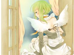 Rule 34 | 1girl, angel wings, aqua eyes, backless dress, backless outfit, bad id, bad pixiv id, bare back, bare shoulders, black gloves, choker, curtains, dress, elbow gloves, from behind, gloves, green hair, gumi, highres, nemutagari, profile, short hair, sitting, smile, solo, star (sky), vocaloid, white dress, white wings, window, windowsill, wings