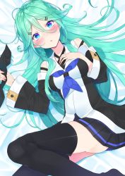 Rule 34 | 10s, 1girl, ahoge, aqua hair, ass, bare shoulders, black skirt, blue eyes, blue neckerchief, blush, breasts, detached sleeves, from above, hair between eyes, hair ornament, hair ribbon, hairclip, hand on own chest, highres, kantai collection, long hair, long sleeves, looking at viewer, lying, medium breasts, neckerchief, nezumi doshi, on back, open mouth, pleated skirt, ribbon, simple background, skirt, solo, striped clothes, striped skirt, thighhighs, white background, wide sleeves, yamakaze (kancolle)