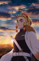 Rule 34 | 1boy, absurdres, belt, belt buckle, black jacket, blonde hair, blurry, blurry background, buckle, cape, closed mouth, cloud, forked eyebrows, fuyu (utngrtn), highres, jacket, kimetsu no yaiba, long hair, long sleeves, male focus, multicolored hair, outdoors, red eyes, red hair, rengoku kyoujurou, sheath, sheathed, solo, sunset, sword, two-tone hair, weapon, white belt, white cape